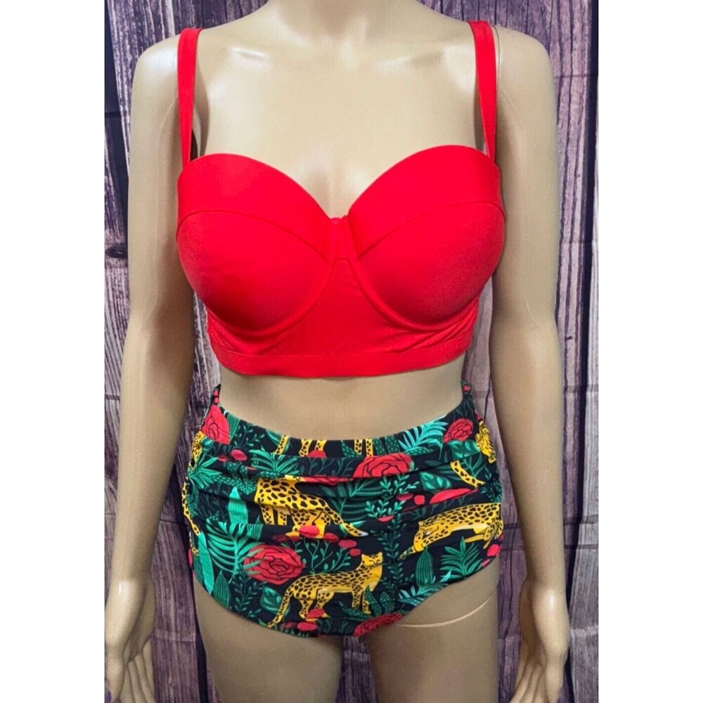 Angerella Women’s Bikini Set Red Tropical Leopard High Waisted Retro M Padded